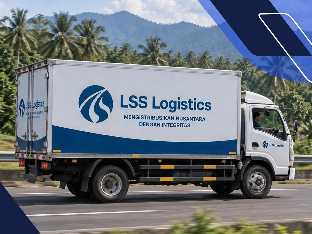 Truk box LSS Logistics melaju di jalan raya untuk layanan trucking darat