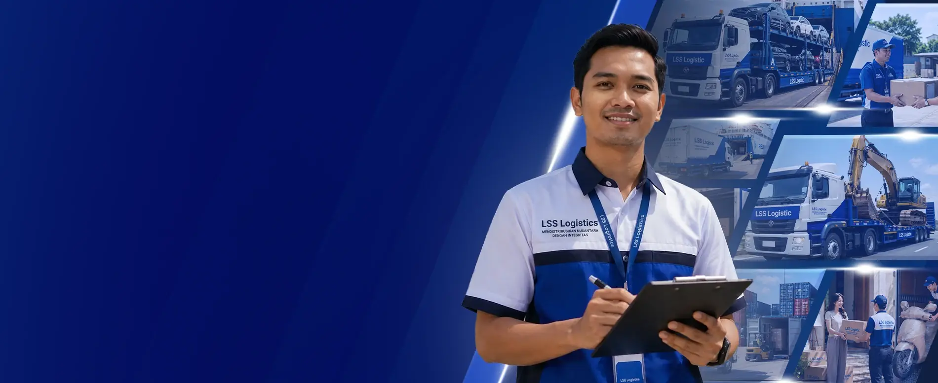 Petugas LSS Logistics memegang papan catatan pengiriman, dengan armada truk di latar belakang