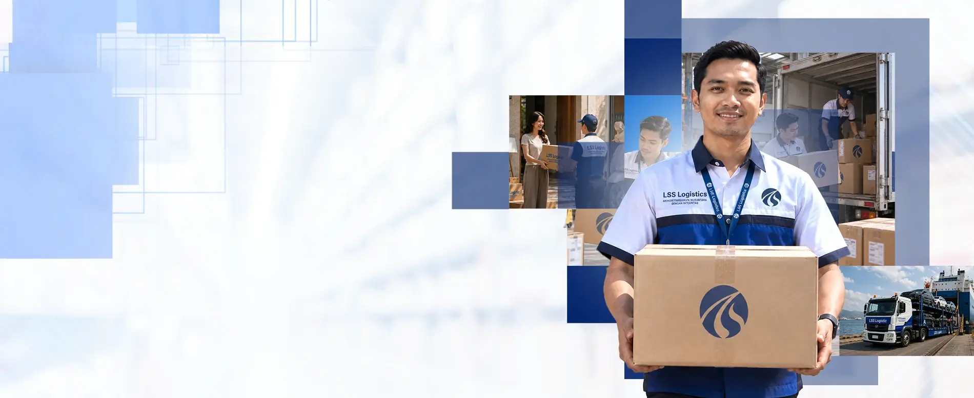 Petugas LSS Logistics membawa kardus paket, dengan truk dan kargo di latar belakang
